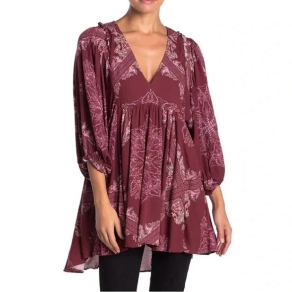 Free People Tops - Free People Paisley Balloon Sleeve Burgundy Boho Tunic